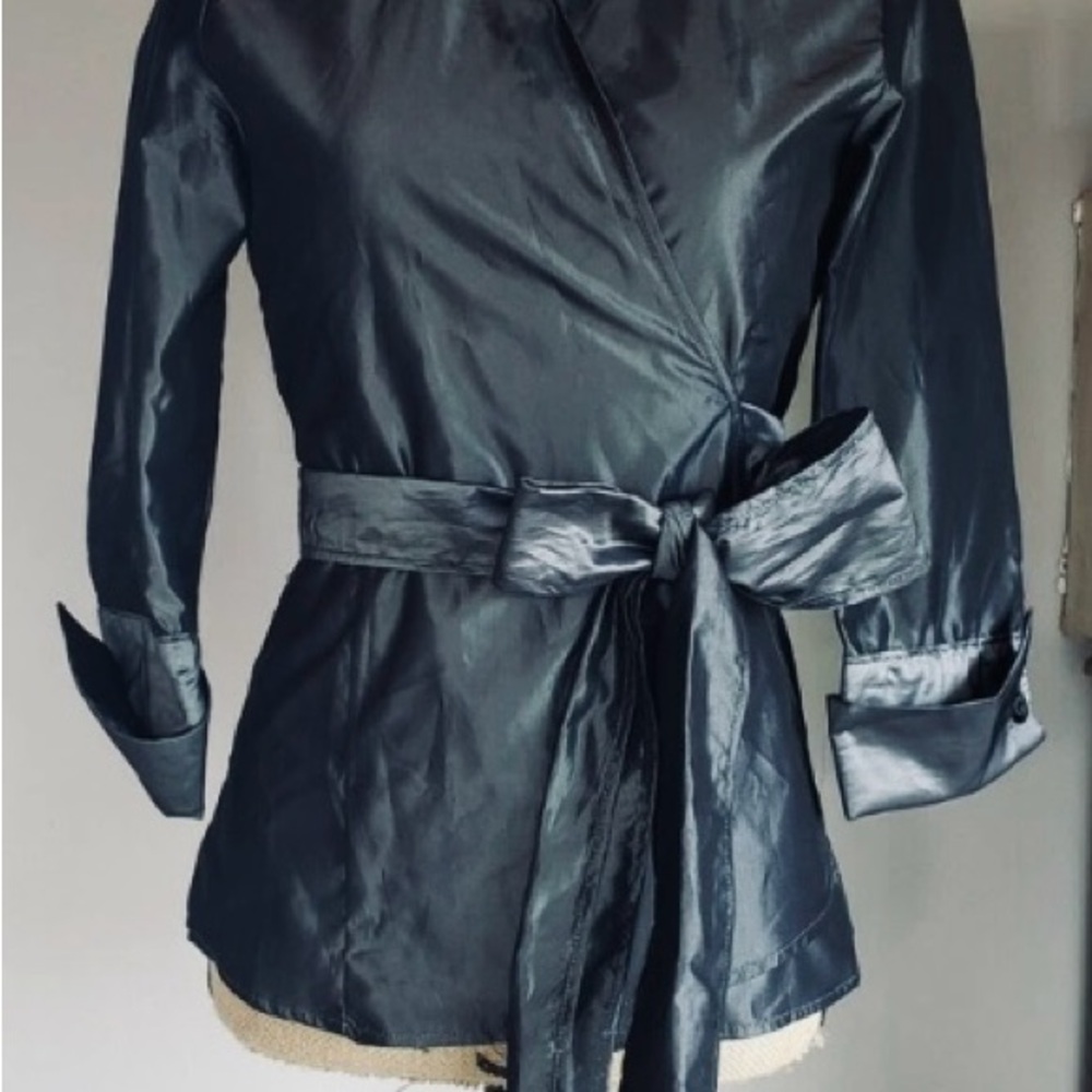 Zara Basic Satin Look Collared Wrap Blouse Black 3/4 Sleeves Bow Tie Waist - Picture 3 of 10